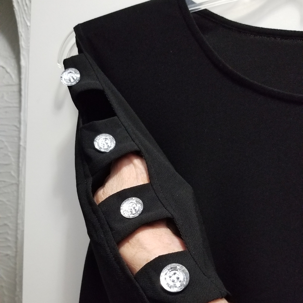 Black knit top with 5 big rhinestones on sleeves